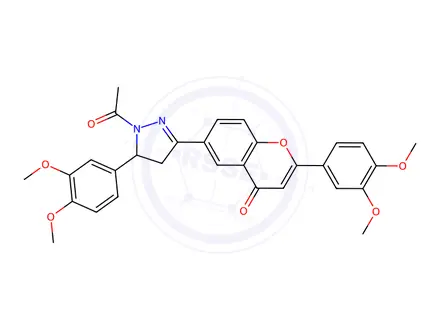 Chemical structure of 6-[1-acetyl-5-(3,4-dimethoxyphenyl)-4,5-dihydropyrazol-3-yl]-2-(3,4-di methoxyphenyl)chromen-4-one