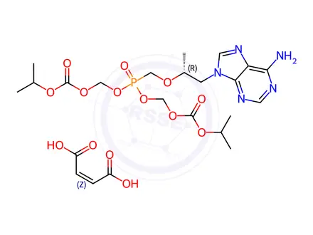Chemical structure of (R)-(((((1-(6-amino-9H-purin-9-yl)propan-2-yl)oxy)methyl)phosphoryl)bis(oxy))bis(methylene) diisopropyl bis(carbonate) maleate