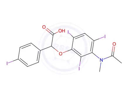 Chemical structure of 2-[3-(N-Methylacetylamino)-2,4,6-triiodophenoxy]-2-(p-iodophenyl)acetic acid