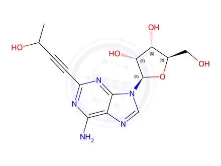 Chemical structure of (2R,3R,4S,5R)-2-(6-Amino-2-(3-hydroxybut-1-yn-1-yl)-9H-purin-9-yl)-5-(hydroxymethyl)tetrahydrofuran-3,4-diol