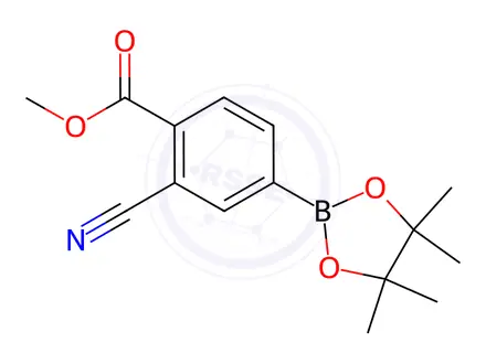 Chemical structure of Benzoic acid, 2-cyano-4-(4,4,5,5-tetramethyl-1,3,2-dioxaborolan-2-yl)-, methyl ester