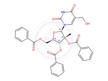 Chemical structure of 2',3',5'-Tri-O-benzoyl-5-hydroxymethyl-2'--C-methyluridine