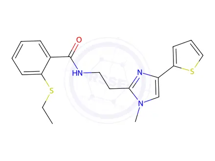 Chemical structure of 2-(Ethylthio)-N-(2-(1-methyl-4-(thiophen-2-yl)-1H-imidazol-2-yl)ethyl)benzamide