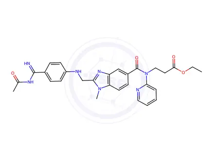Chemical structure of ethyl 3-(2-(((4-(N-acetylcarbamimidoyl)phenyl)amino)methyl)-1-methyl-N-(pyridin-2-yl)-1H-benzo[d]imidazole-5-carboxamido)propanoate
