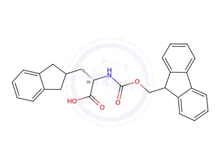Chemical structure of 1H-Indene-2-propanoic acid, α-[[(9H-fluoren-9-ylmethoxy)carbonyl]amino]-2,3-dihydro-, (αS)-
