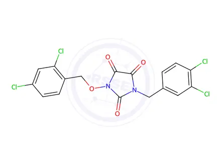 Chemical structure of 1-[(2,4-Dichlorophenyl)methoxy]-3-[(3,4-dichlorophenyl)methyl]imidazolidine-2,4,5-trione