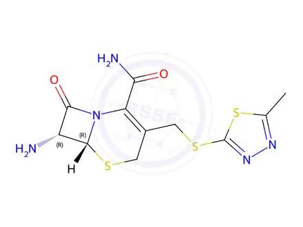 Chemical structure of (6R,7R)-7-amino-3-(((5-methyl-1,3,4-thiadiazol-2-yl)thio)methyl)-8-oxo-5-thia-1-azabicyclo[4.2.0]oct-2-ene-2-carboxamide