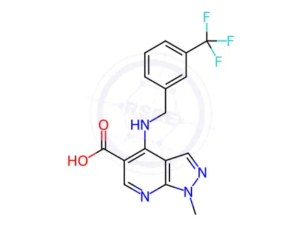 Chemical structure of 1-Methyl-4-{[3-(trifluoromethyl)benzyl]amino}-1H-pyrazolo[3,4-b]pyridine-5-carboxylic acid