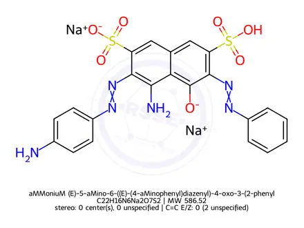 Chemical structure of aMMoniuM (E)-5-aMino-6-((E)-(4-aMinophenyl)diazenyl)-4-oxo-3-(2-phenylhydrazono)-3,4-dihydronaphthalene-2,7-disulfonate
