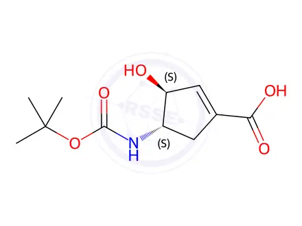 Chemical structure of (3S,4S)-4-((tert-butoxycarbonyl)amino)-3-hydroxycyclopent-1-ene-1-carboxylic acid