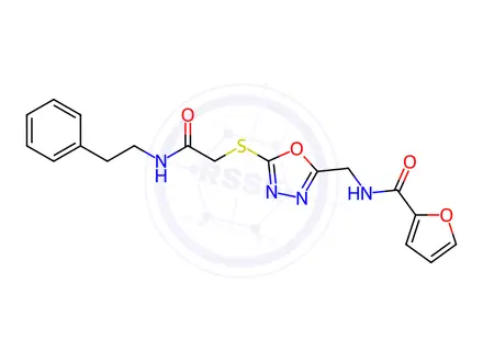 Chemical structure of N-((5-((2-Oxo-2-(phenethylamino)ethyl)thio)-1,3,4-oxadiazol-2-yl)methyl)furan-2-carboxamide