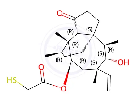 Chemical structure of Acetic acid, 2-mercapto-, (3aS,4R,5S,6S,8R,9R,9aR,10R)-6-ethenyldecahydro-5-hydroxy-4,6,9,10-tetramethyl-1-oxo-3a,9-propano-3aH-cyclopentacycloocten-8-yl ester