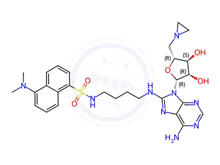Chemical structure of 8-Amino[1''-(N''-dansyl)-4''-aminobutyl]-5'-(1-aziridinyl)-5'-deoxy adenosine