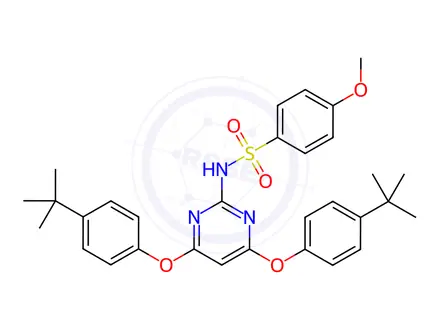 Chemical structure of N-(4,6-bis(4-(tert-butyl)phenoxy)pyrimidin-2-yl)-4-methoxybenzenesulfonamide
