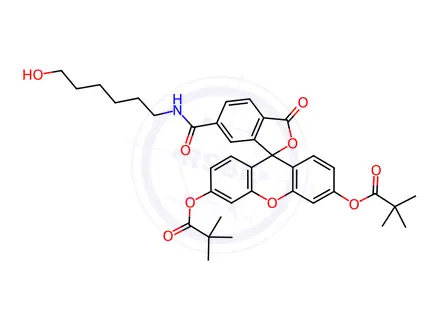 Chemical structure of N-(6-Hydroxyhexyl)-6-carboxamidofluorescein Dipivalate