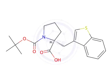 Chemical structure of (R)-2-(benzo[b]thiophen-3-ylmethyl)-1-(tert-butoxycarbonyl)pyrrolidine-2-carboxylic acid
