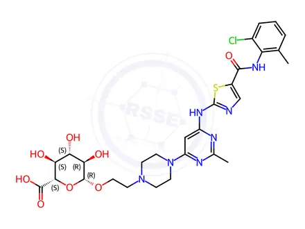 Chemical structure of (2S,3S,4S,5R,6R)-6-(2-(4-(6-((5-((2-Chloro-6-methylphenyl)carbamoyl)thiazol-2-yl)amino)-2-methylpyrimidin-4-yl)piperazin-1-yl)ethoxy)-3,4,5-trihydroxytetrahydro-2H-pyran-2-carboxylic acid