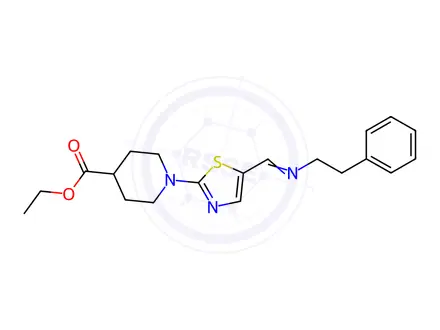 Chemical structure of Ethyl 1-{5-[(phenethylimino)methyl]-1,3-thiazol-2-yl}-4-piperidinecarboxylate