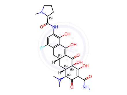 Chemical structure of (S)-N-((5aR,6aS,7S,10aS)-9-Carbamoyl-7-(dimethylamino)-4-fluoro-1,8,10a,11-tetrahydroxy-10,12-dioxo-5,5a,6,6a,7,10,10a,12-octahydrotetracen-2-yl)-1-methylpyrrolidine-2-carboxamide