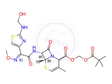 Chemical structure of (Pivaloyloxy)methyl (6R,7R)-7-((Z)-2-(2-((hydroxymethyl)amino)thiazol-4-yl)-2-(methoxyimino)acetamido)-3-methyl-8-oxo-5-thia-1-azabicyclo[4.2.0]oct-2-ene-2-carboxylate