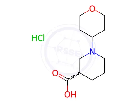 Chemical structure of 1-(Tetrahydro-2H-pyran-4-yl)piperidine-3-carboxylic acid hydrochloride