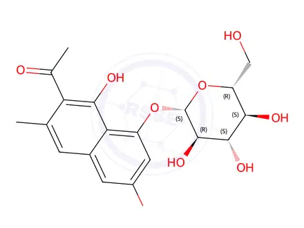Chemical structure of 2-Acetyl-3-methyl-8-(β-D-glucopyranosyloxy)-1,6-naphthalenediol