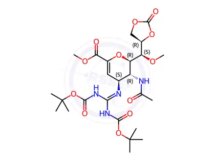 Chemical structure of methyl (2S,3R,4S)-3-acetamido-2-((S)-methoxy((S)-2-oxo-1,3-dioxolan-4-yl)methyl)-4-((2,2,10,10-tetramethyl-4,8-dioxo-3,9-dioxa-5,7-diazaundecan-6-ylidene)amino)-3,4-dihydro-2H-pyran-6-carboxylate