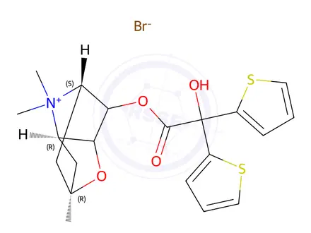 Chemical structure of (2R,3aR,5S)-6-(2-hydroxy-2,2-di(thiophen-2-yl)acetoxy)-4,4-dimethylhexahydro-2H-2,5-methanofuro[3,2-b]pyrrol-4-ium bromide