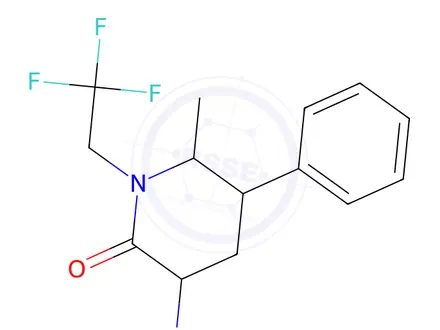 Chemical structure of 3-amino-6-methyl-5-phenyl-1-(2,2,2-trifluoroethyl)piperidin-2-one