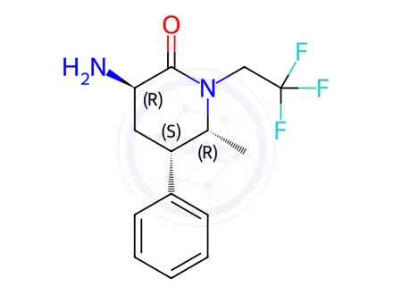 Chemical structure of 2-Piperidinone, 3-amino-6-methyl-5-phenyl-1-(2,2,2-trifluoroethyl)-, (3R,5S,6R)-
