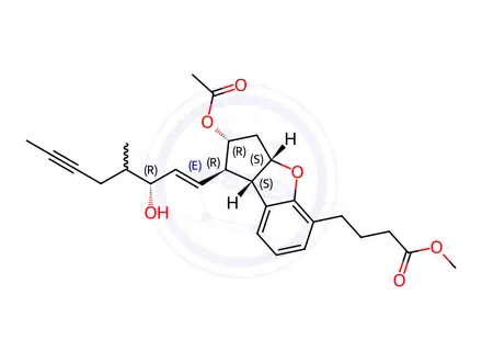 Chemical structure of 1H-Cyclopenta[b]benzofuran-5-butanoic acid, 2-(acetyloxy)-2,3,3a, 8b-tetrahydro-1-[(1E,3R)-3-hydroxy-4-methyl-1-octen-6-ynyl]-, methyl ester, (1R,2R,3aS,8bS)-rel-