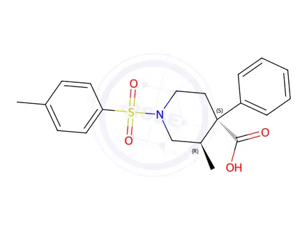 Chemical structure of trans-(±)-3-methyl-4-phenyl-1-(p-tolylsulphonyl)piperidine-4-carboxylic acid