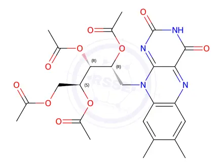 Chemical structure of (2S,3R,4R)-5-(7,8-Dimethyl-2,4-dioxo-3,4-dihydrobenzo[g]pteridin-10(2H)-yl)pentane-1,2,3,4-tetrayl tetraacetate
