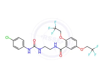 Chemical structure of N-(2-{[(4-chlorophenyl)carbamoyl]amino}ethyl)-2,5-bis(2,2,2-trifluoroethoxy)benzamide