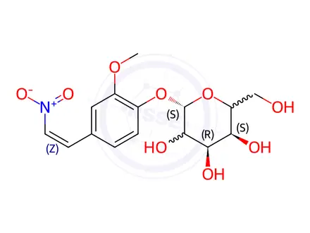 Chemical structure of 2-Methoxy-4-(2-nitrovinyl)phenyl β-D-Glucopyranoside