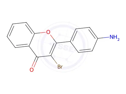 Chemical structure of 4H-1-Benzopyran-4-one,2-(4-aminophenyl)-3-bromo-(9CI)