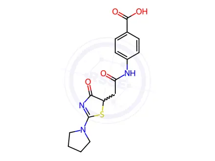Chemical structure of 4-{2-[4-oxo-2-(pyrrolidin-1-yl)-4,5-dihydro-1,3-thiazol-5-yl]acetamido}benzoic acid