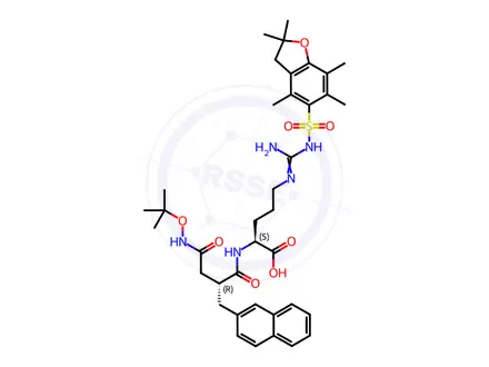 Chemical structure of (2S)-5-[[amino-[(2,2,4,6,7-pentamethyl-3H-1-benzofuran-5-yl)sulfonylamino]methylidene]amino]-2-[[(2R)-4-[(2-methylpropan-2-yl)oxyamino]-2-(naphthalen-2-ylmethyl)-4-oxobutanoyl]amino]pentanoic acid
