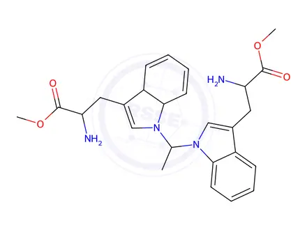 Chemical structure of methyl 2-amino-3-(1-(1-(3-(2-amino-3-methoxy-3-oxopropyl)-1H-indol-1-yl)ethyl)-3a,7a-dihydro-1H-indol-3-yl)propanoate