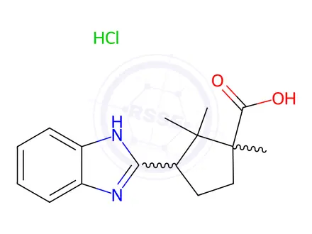 Chemical structure of 3-(1H-Benzoimidazol-2-yl)-1,2,2-trimethyl-cyclopentanecarboxylic acid hydrochloride