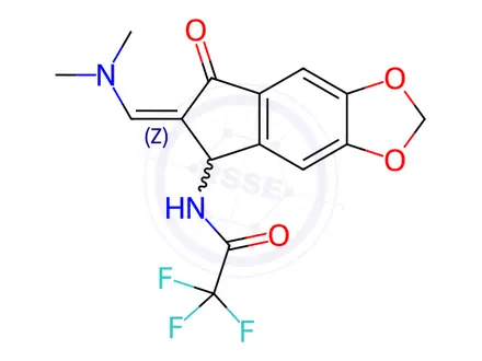 Chemical structure of N-[(6Z)-6-[(Dimethylamino)methylidene]-7-oxo-2H,5H,6H,7H-indeno[5,6-d][1,3]dioxol-5-yl]-2,2,2-trifluoroacetamide