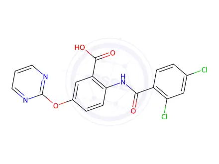 Chemical structure of 2-(2,4-Dichlorobenzamido)-5-(pyrimidin-2-yloxy)benzoic acid