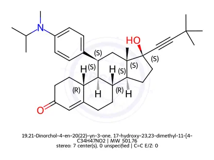 Chemical structure of 19,21-Dinorchol-4-en-20(22)-yn-3-one, 17-hydroxy-23,23-dimethyl-11-[4-[methyl(1-methylethyl)amino]phenyl]-, (11β,17α)-
