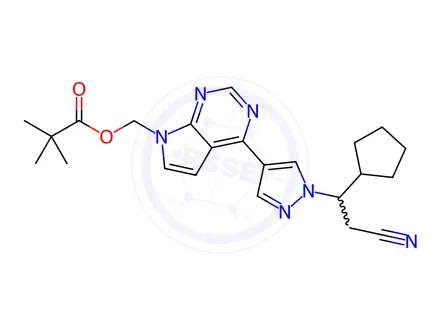 Chemical structure of (4-(1-(2-Cyano-1-cyclopentylethyl)-1H-pyrazol-4-yl)-7H-pyrrolo[2,3-d]pyrimidin-7-yl)methyl pivalate
