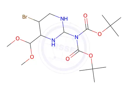 Chemical structure of tert-butyl N-[5-bromo-4-(dimethoxymethyl)pyrimidin-2-yl]-N-tert-butoxycarbonyl-carbamate