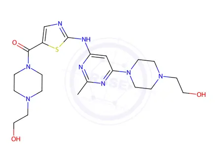 Chemical structure of (4-(2-hydroxyethyl)piperazin-1-yl)(2-((6-(4-(2-hydroxyethyl)piperazin-1-yl)-2-methylpyrimidin-4-yl)amino)thiazol-5-yl)methanone