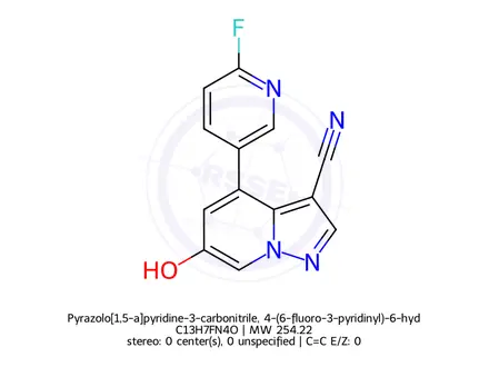 Chemical structure of Pyrazolo[1,5-a]pyridine-3-carbonitrile, 4-(6-fluoro-3-pyridinyl)-6-hydroxy-