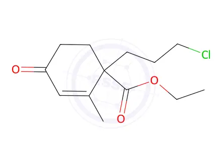 Chemical structure of Ethyl,1-(3-chloropropyl)-2-methyl-4-oxocyclohex-2-ene-1-carboxylate