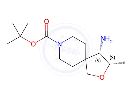 Chemical structure of 2-Oxa-8-azaspiro[4.5]decane-8-carboxylic acid, 4-amino-3-methyl-, 1,1-dimethylethyl ester, (3S,4S)-