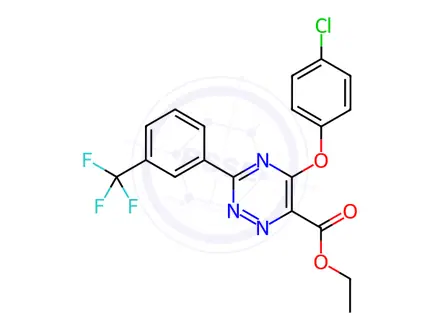 Chemical structure of Ethyl 5-(4-chlorophenoxy)-3-(3-(trifluoromethyl)phenyl)-1,2,4-triazine-6-carboxylate